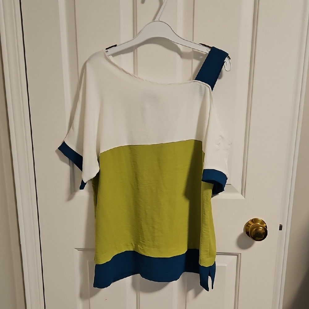 💗Asymmetric Colorblock Tunic Top in White, Lime & Teal